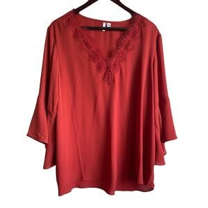 Cato Women Tunic Top 18/20 Burnt Orange‎ Lace V Next 3/4 Bell Sleeve Boho Flowy